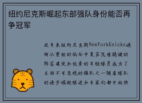 纽约尼克斯崛起东部强队身份能否再争冠军